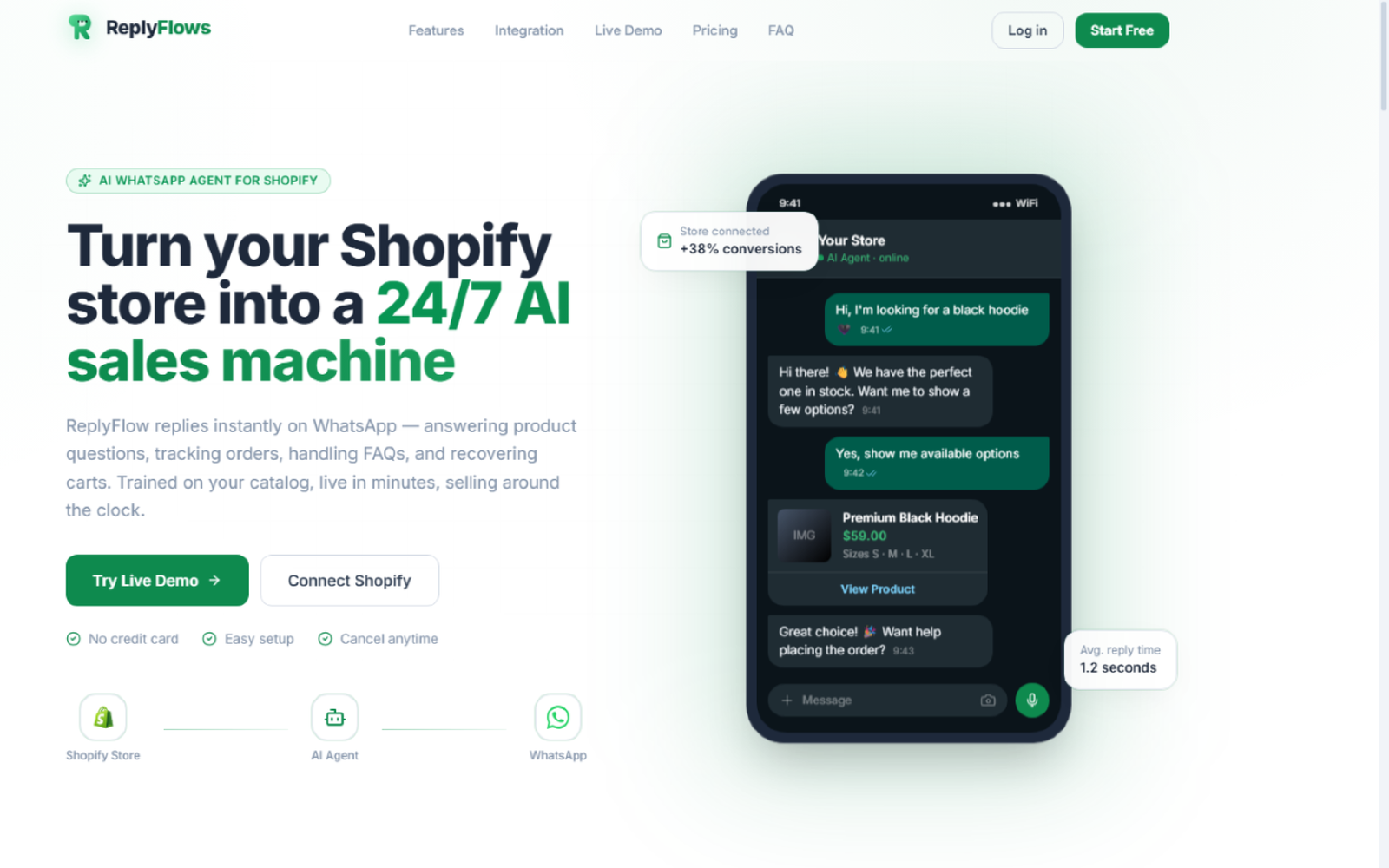 ReplyFlows landing page — AI WhatsApp agent for Shopify stores